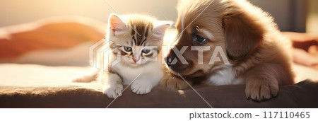 Cute kitten and puppy sitting next to each other in the sunlight. Photo 117110465