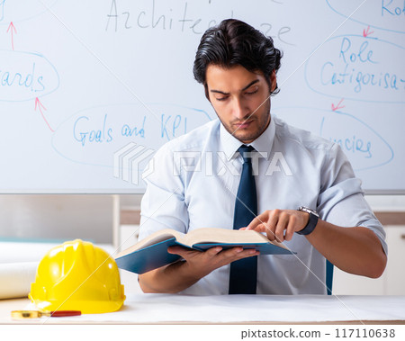 Young male architect in front of the whiteboard Young male architect in front of the whiteboard 117110638
