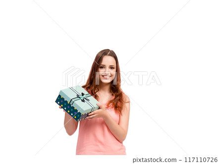 Young woman with giftbox isolated on white 117110726