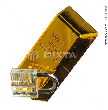 Gold Bar float in mid air with element lock key. Gold standard is bank reserve to finance economic wealth and money risk management. White background isolated 117110845