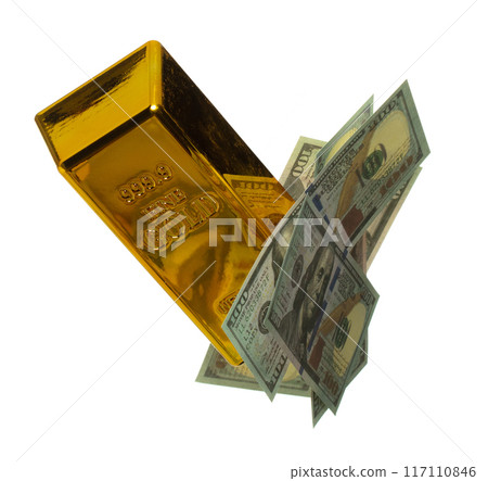 Gold Bar float in mid air with element bank note bill. Gold bar standard is bank reserve to finance economic wealth and money risk management. White background isolated 117110846