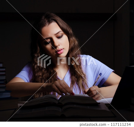 Young female student preparing for exams late at home Young female student preparing for exams late at home 117111234