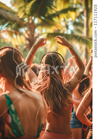 A group of people are dancing in the sun, with one woman wearing headphones 117111928