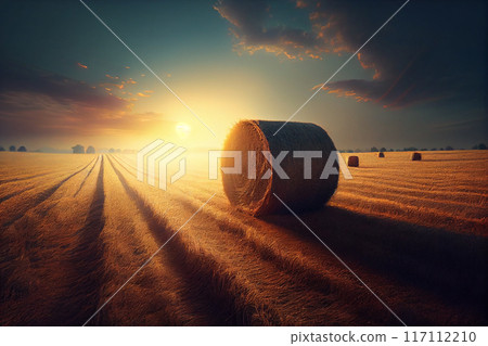 A field with haystacks on an autumn evening with a cloudy sky in the background at sunset or sunrise. Procurement of animal feed in agriculture. A field with haystacks on an autumn evening with a cloudy sky in the background at sunset or sunrise. Procurement of animal feed in agriculture. 117112210