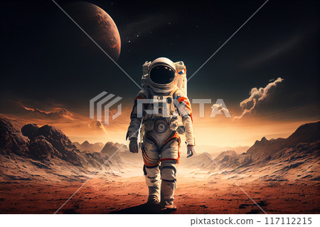 Astronaut runs on background of mountain lanshafty. 117112215