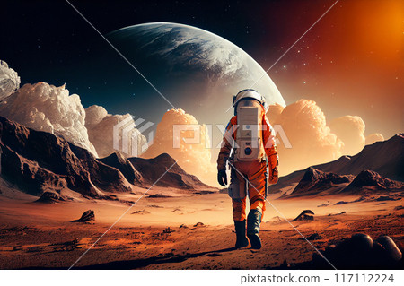 Astronaut runs on background of mountain lanshafty. 117112224