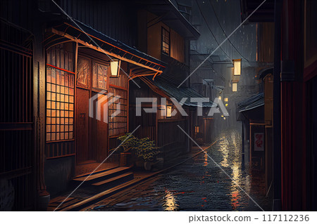 A dark back alley of a European city. Victorian era, Gothic architecture, Rainy autumn day cityscape background.  117112236