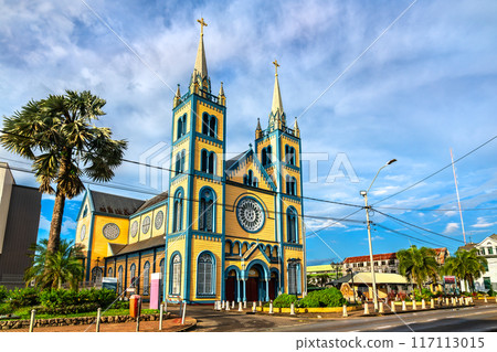 Saint Peter and Paul Cathedral, a wooden Roman Catholic cathedral at the Historic Inner City of Paramaribo, UNESCO World Heritage in Suriname, South America 117113015