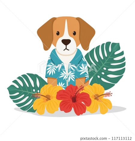 Beagle wearing an aloha shirt and hibiscus 1 117113112
