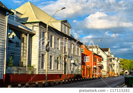Traditional houses in the historic center of Paramaribo, UNESCO world heritage in Suriname, South America 117113281