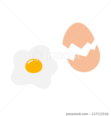 Fried egg with yolk and beige cracked shell Isolated on white Top view Healthy breakfast. Set of 2 117113538