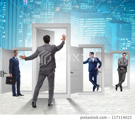 Businessman in uncertainty concept with many doors Businessman in uncertainty concept with many doors 117114025
