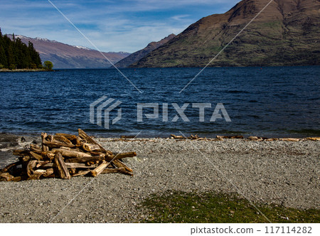 A view of Lake Wakatipu from Omer Park with washed up fire wood in Queenstown New Zealand 117114282