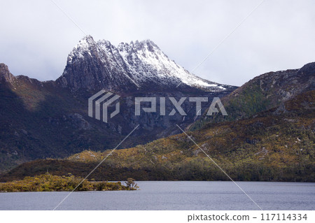 View from Glacier Rock of Dove Lake at Cradle Mountain in Tasmania View from Glacier Rock of Dove Lake at Cradle Mountain in Tasmania 117114334
