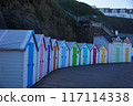 Seaside beach huts in Newquay Cornwall England 117114338