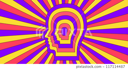 Retro trippy psychedelic background. Purple, yellow and pink groovy head with ray burst wallpaper. Vintage colorful hippie tunnel poster. Mental hypnotic vibe concept. Vector backdrop 117114487