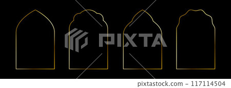 Thin golden oriental arch set. Gold arc border frame collection in art deco style. Muslim linear shining curve shape bundle. Glowing shiny boarder element pack for photo, cadre, poster, card. Vector 117114504
