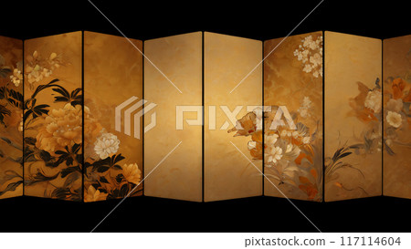 Gold folding screen with floral pattern AI image 117114604