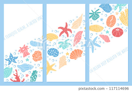 A tranquil realm depicted with underwater life, including vibrant corals, seashells, and marine creatures. Design card set with ocean scene is full of colorful aquatic life. A tranquil realm depicted with underwater life, including vibrant corals, seashells, and marine creatures. Design card set with ocean scene is full of colorful aquatic life. 117114696