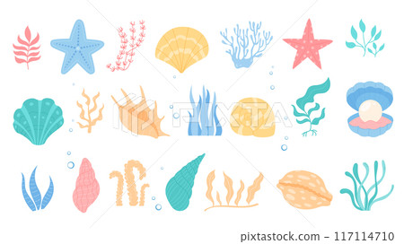 Cartoon diverse ocean set including seashells, aquatic plants, starfish, and corals. Colorful marine life underwater elements, kelp, seagrass on white. Cute and isolated illustrations. Cartoon diverse ocean set including seashells, aquatic plants, starfish, and corals. Colorful marine life underwater elements, kelp, seagrass on white. Cute and isolated illustrations. 117114710
