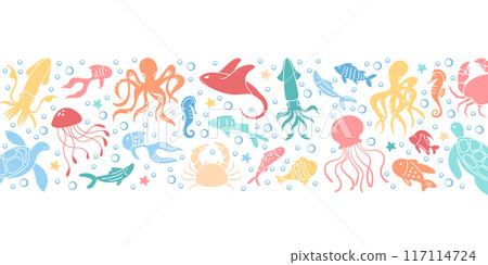 Colorful underwater animals like octopus, jellyfish, and sea turtle in a vibrant marine scene at background pattern design. Ocean reef life with various sea creatures depicted in a vector set. 117114724