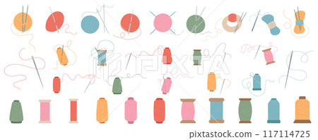 Set of colorful yarn, needle and spool illustrations. Needles with threads or with balls of yarn perfect for crafting, knitting, and sewing themes. Ideal for creative projects and design inspiration. 117114725