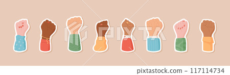 Set of isolated sticker raised support sign fist , a woman raises a solidarity sign, a character shows up with a strength fist, patches with people hold a revolution symbol or a protest gesture. Set of isolated sticker raised support sign fist , a woman raises a solidarity sign, a character shows up with a strength fist, patches with people hold a revolution symbol or a protest gesture. 117114734