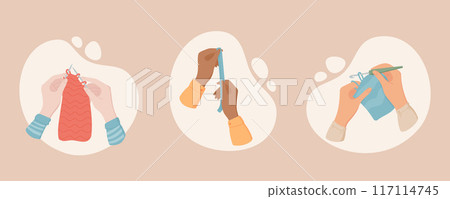 Hands sewing with needle and thread collection, tailor working on knitting, various sewing tools. Includes needle, thread, sew, tailor, sewing. Cute cartoon style, vector design, hand illustration 117114745