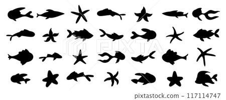 Vector set of black fish and starfish silhouettes on a white background. Perfect for depicting underwater ocean scenes, marine life, aquatic environments, or reef settings. 117114747