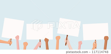 Hands hold blank protest signs, representing a community gathering. People from the community raise banners with their united message. Hand display placards to show strength and solidarity. Hands hold blank protest signs, representing a community gathering. People from the community raise banners with their united message. Hand display placards to show strength and solidarity. 117114748