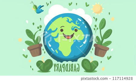 Cartoon image of a happy earth surrounded by cute plant in flower pot. AIG35. 117114928
