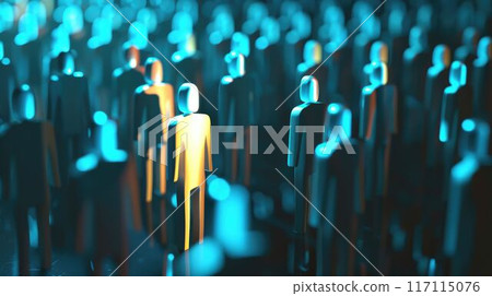 The image shows a crowd of faceless people with one person standing out in the center. The person who stands out is highlighted in a different color. 117115076