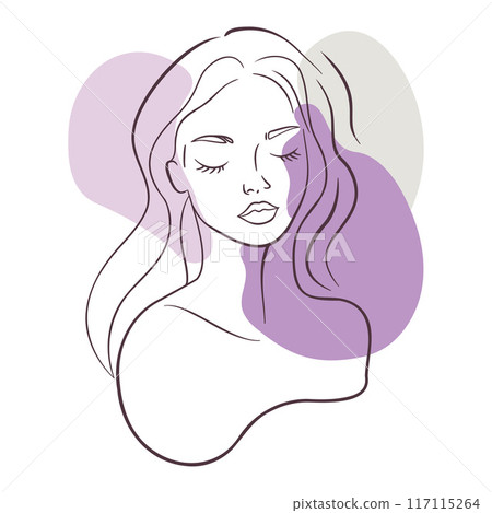 Beautiful Girl in Thin Thick Line Art For Beauty Cosmetic Healthcare with Purple Watercolor 117115264