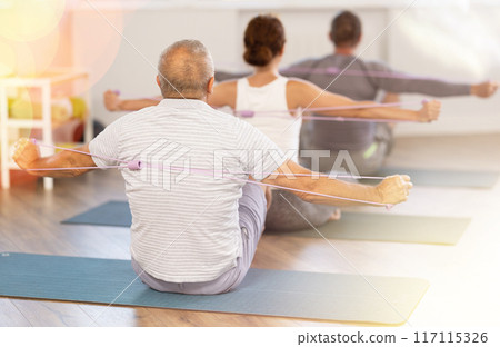 Group of men and women exercising with pilates loop back view 117115326