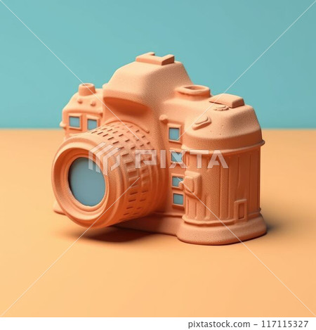 Stylized vintage film camera image with 3D effect on orange background. AIG35. 117115327