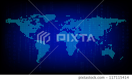 Blue world map background with number digital, showcasing global communication 117115414