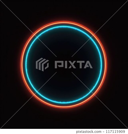 Circular neon light rings on dark background with reflective surface. AIG35. 117115909