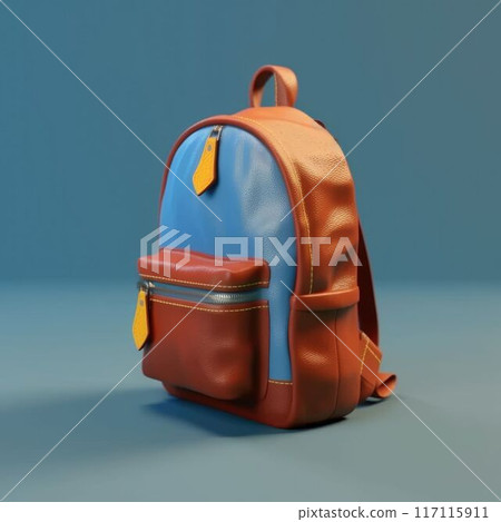 Blue school backpack on blue background. Education and equipment concept. AIG35. 117115911