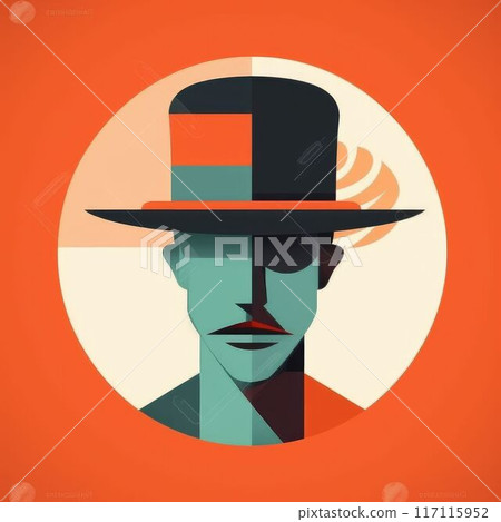 Stylized character design with a hat and mustache with orange background. AIG35. 117115952