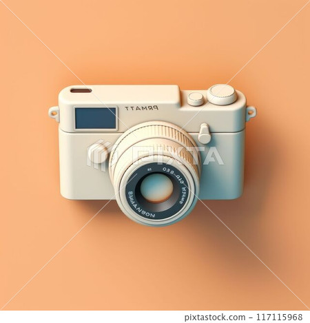 Stylized vintage film camera image with 3D effect on orange background. AIG35. 117115968