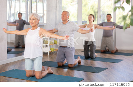 Elderly woman exercising with pilates loop Elderly woman exercising with pilates loop 117116035