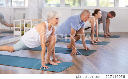 Elderly woman doing pilates in group Elderly woman doing pilates in group 117116056