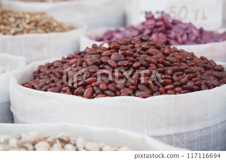 Closeup of red soy beans texture background. 117116694