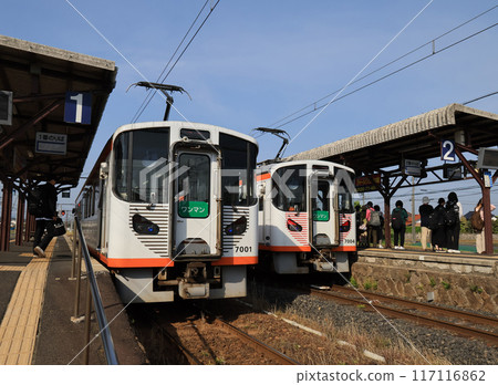 Ichibata Electric Railway - Trains lined up at Kawato Station Ichibata Electric Railway - Trains lined up at Kawato Station 117116862