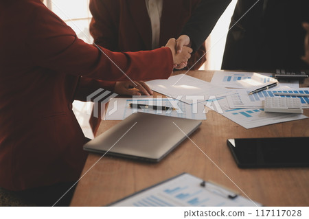 Close up of a team of business people having a meeting to analyze data for a marketing plan. 117117028
