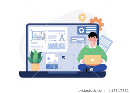 Man UX designer working on laptop application. 117117281