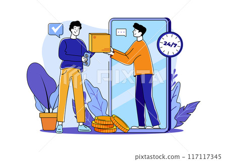 The man receives the goods from the delivery man through the phone screen The man receives the goods from the delivery man through the phone screen 117117345