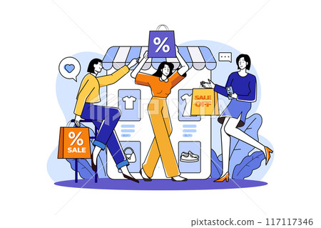 Group of happy women with discount bags in hand 117117346