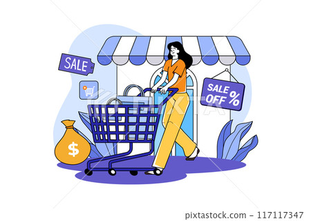 The woman pushes the shopping cart out of the store 117117347