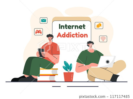 Internet Addiction Vector Illustration with Young People Addicted to Using Devices Such as Laptops or Smartphones in a Flat Style Cartoon Background 117117485
